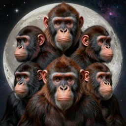 symmetry!! ultra realistic portrait of primates! cover art!!! moon and galaxy in background!, intricate, elegant, highly detailed, digital painting, artstation, concept art, smooth, sharp focus, illustration, art by artgerm and ross tran and greg rutkowski and alphonse mucha, 8 k