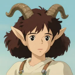 a young elf, with goat horns and animal ears and curly brown hair, ultra detail, studio ghibli aesthetic, yoshitaka amano style, pastel colors,, hyperrealism, award winning artwork, realistic hair, artstation trend, high quality print, fine art with subtle redshift rendering,