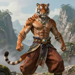 full figure, beautiful fantasy character portrait, male martial artist, fit anthropomorphic tiger, dressed in fluent oriental pants, jeweled, mountain background, hyper realistic, highly detailed by peter mohrbacher, wayne barlowe, boris vallejo, paolo eleuteri serpieri