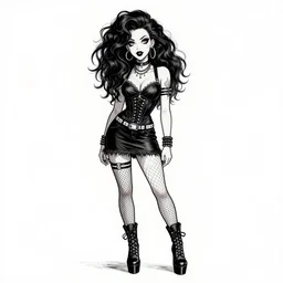 of a goth girl burlesque psychobilly, rockabilly, punk, black hair, detailed face, white background, drawing, full body shot, portrait illustration