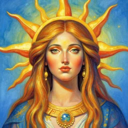 portrait of a beautiful rendition of the mythical goddess of the sun, illustration, artistic, colorful, hyper detailed, in the style of greg rutkowski,