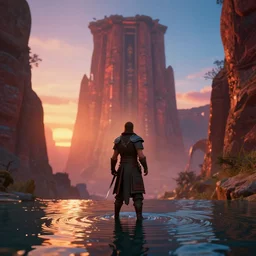 full length portrait of a male warrior exploring a tall mysterious structure, rendered in bryce 3 d, ray - tracing, water ripples, sunset, vibrant color, mysterious atmosphere, depth of field, cinematic lighting, focused, rule of thirds, trending on artstation, art by greg rutkowski