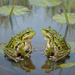 Two frogs sitting next to each other on a pond, oil painting
