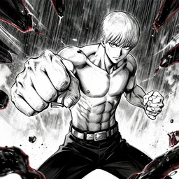 dramatic action lines drawing of saitama charging up a punch, black rain and guts are raining down the sky