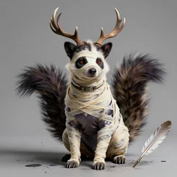 Faun Portrait furry ears snout collar neck paws Antler Skunk Mummy Wraith wearing a silken leotard ASPCA National Geographic Wikipedia Demiurge pet adoption quill splatterpaint rorschach 4k artstation unreal engine render robert rauschenberg giorgio de chirico greg rutkowski