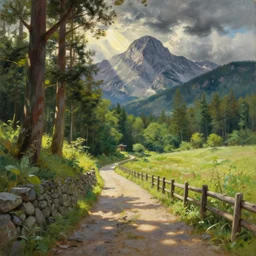 oil painting of japanese forest path in midday by anders zorn, wonderful art by studio ghibli, incredible lighting, shadows, beautiful cinematic light, american romanticism by greg manchess, tall rocky mountains and storm clouds, sun rays, sunshine, bright sunny summer day, stone walls and wooden fences, meadow