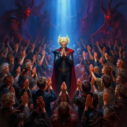 the extremely beautiful digital painting of lucifer in the middle of a huge crowd praying for him, hell, h. p. lovecraft, cinematic lights, vivid lighting, fantasy, by tuomas korpi and greg rutkowski and jonas de ro