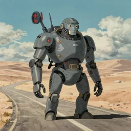 a study of a cell shaded cartoon of a grey mechanized punk from howl's moving castle ( 2 0 0 4 ), on a desert road, full body, wide shot, very muted colors, post grunge, studio ghibli, laurie greasley, highly detailed, deviantart, art by artgem