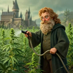 dumbeldore watering a cannabis field with a hose in hogwarts, marijuana plants, realistic face, digital illustration, in the style of greg rutkowski, very detailed, artstation, smooth, cinematic, sharp