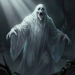 a roaring ghost, scary, tall, pale - skinned, illustration, cinematic lighting, 8 k, d & d, frostbite 3 engine, dof, artstation, intricate, digital art, crepuscular ray, art by tsuyoshi nagano, greg rutkowski