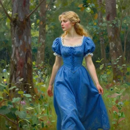 a beautiful detailed painting of a young blond in a blue dress woman walking through a forest, by azariy gorchakov. fairy tail. vibrant. beautiful. photorealistic. hd. hq. trending on arstation.