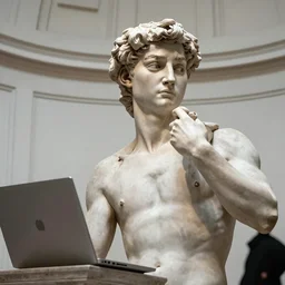“a statue of michelangelo looking at his computer in shock”