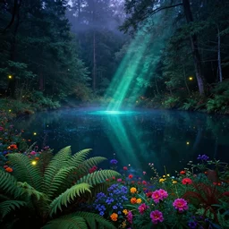 photograph of a beautiful lake lake lake in a dense mystic forest, colored flowers, mystic hues, bioluminescence bioluminescence , breathtaking lights shining, psychedelic fern, tyndall effect, many fire flies, dense forest, foggy, 4k, Acid Pixie, by thomas kinkade and lee madgwick