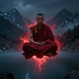 buddhist monk in dark red cloth in lotus position flying in front of camera over night himalaya mountains lake in weightlessness, foggy and red red energy gloomy sparks in night atmosphere, bokeh background, highly detailed science fiction illustration. photorealistic, hyper detailed, 8 k, movie still, artstation