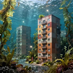 detailed by agostino arrivabene, soviet residential panel building underwater, kelp forest, street lights water refraction, rule of thirds, masterpiece 8 k