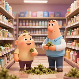 pixar charakters getting weed in a dispensary. realistic, octane render, trending on artstation