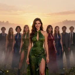 wide shot,big-watery-eyed female super heroes and villains, smiling soft vibrant lips, looking at the viewer, sundown misty firefly wisps,double split halter open thigh leaf dress; in the style of Lilia Alvarado, Sophie Anderson, Mark Arian, Bob Byerley, Charlie Bowater, Mark Brooks, Steve Henderson, Justin Gerard, Arthur Hughes, Edward Robert Hughes, Mark Keathley, Victor Nizovtsev, Carlos Shwabe, Ross Tran, WLOP