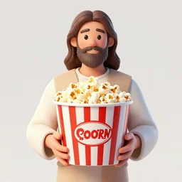jesus holding a big bucket of popcorn