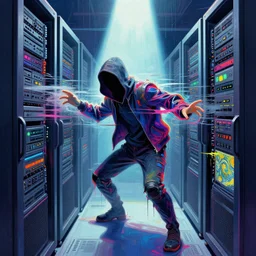 a hacker in vast cyberspace glitching through a vulnerable server, futuristic clothes, vibrant colors, rule of thirds, spotlight, drips of paint, expressive, passionate, by greg rutkowski, by jeremy mann, by francoise nielly, by van gogh, digital painting