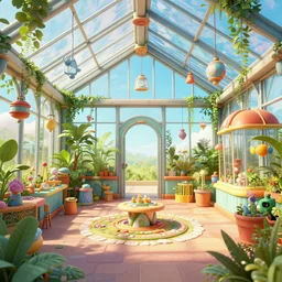 steampunk greenhouse interior, colorful, 3 d scene, render, greg rutkowski, zabrocki, karlkka, jayison devadas, trending on artstation, 8 k, ultra wide angle, zenith view, pincushion lens effect