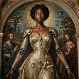 incredible mural of a stunning young cyborg muse in royal ornamental gown, beautiful ebony skin tone, piercing glowing eyes, sci fi setting, mural in the style of caravaggio, albrecth durer