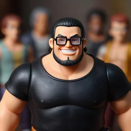 wide plastic action figure of a buff smiling man with long stubble, muscular neck, rectangular square shaped glasses and a black bowl cut, wearing a black tshirt, dramatic light, shallow depth of field, blur, out - of - focus background, by kim jung gi, ric estrada, ron english and eiichiro oda