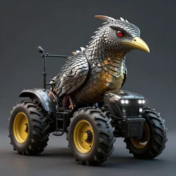 a bird tractor hybrid creature monster with metal scales, dramatic lighting, in the style of national geographic, illustration, octane render
