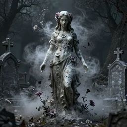 portrait of a gothic cemetery statue made of mist and flowers breaking apart and mutating into mist, cosmic horror, Andrew Ferez, Charlie Bowater, Marco Mazzoni, Seb McKinnon, Ryohei Hase, Alberto Seveso, Kim Keever, trending on cgsociety, featured on zbrush central, new sculpture, mystical