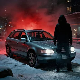 Audi A4 B6 Avant (2002), a gritty neo-noir, dramatic lighting, cinematic, eerie person, death, homicide, homicide in the snow, gunshots, establishing shot, extremely high detail, photorealistic, red mist, arson, burning city, cinematic lighting, artstation, by simon stalenhag, Max Payne (PC) (2001) winter New York at night, In the style of Max Payne 1 graphic novel, flashing lights, Poets of the Fall - Late Goodbye