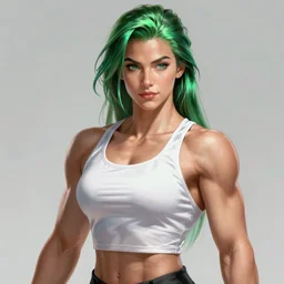a beautiful female bodybuilder wearing a white tank top. highly detailed portrait, digital painting, sharp focus illustration, artstation hq. intricate, elegant. art by wlop and ross tran, overwatch character design, green iridescent