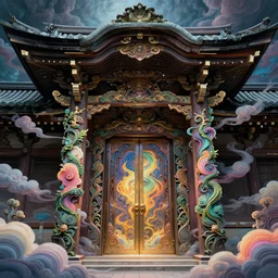 infinite majestic shinto shrine portal, dark gate, magic door, pyromancer mage : : 1 full of colorpalette rippled layers, clouds, vines, swirls, curves, ultra fine detail, swirling clouds, artstation trending, art nouveau, raytracing, highly detailed, magic art nouveau rococo architecture