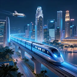 digital art piece of a futuristic singapore, spaceships, high speed trains, blue glow