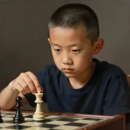 dramatic portrait of chinese boy buzz cut, holding a chess piece, digital painting