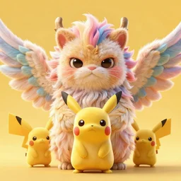 high quality 3 d render hyperrealist very cute multipastel fluffy! grumpy griffin cat hybrid with fluffy wings!, vray smooth, in the style of detective pikachu, hannah yata charlie immer, dramatic yellow light, low angle, uhd 8 k, sharp focus