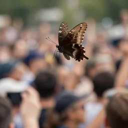 a large, dark butterfly is seen above the crowd, by craig mullins