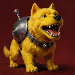 digital drawing of a yellow monster dog with iron armor and fangs protruding from its snout, concept art, hyper detailed, global light, painted, dark yellow and dark red, low contrast, opaque scene, hdr 8 k, by zdzisław beksinski, seb mckinnon, trending on artstation, cgsociety, deviantart