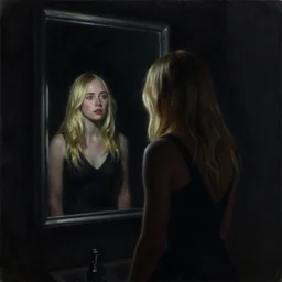 silhouette of a Elle Fanning gazing in a mirror, pitch black room, extremely detailed realist masterpiece, oil on canvas, low-key neon lighting, artstation, Blade Runner 2049, Roger Deakin’s cinematography, by J. C. Added Wyeth and Adam Miller,