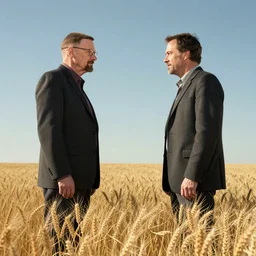 extreme long shot of walter white and gustavo fring stand facing each other from a distance in a wheat field, low angle, side view, 8 5 mm photograph, 8 k resolution, wide shot, sharp lens, high detail, cinematic