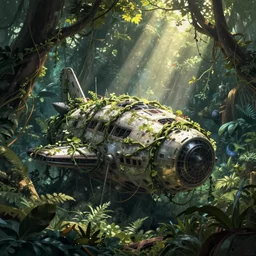 a matte painting of an abandoned spaceship overgrown with vines deep in the jungle. art by hayao miyazaki and james jean, volumetric lighting, god rays. mysterious, unexplored, sence of awe. trending on behance.