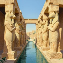 a beautiful painting of an ancient Egyptian canal guarded by massive limestone statues of anthropomorphic Feline Gods by Karl Thiart | graphic novel, illustration:.4