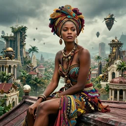 movie portrait closeup a beautiful colorful fashion icon jamaican geisha woman is sitting on the top of a roof. beautiful natural skin, the amazing floating neoclassical tropical city, fantasy, steampunk, intricate, amazing composition, gloomy by emmanuel lubezki