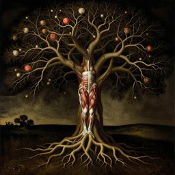 tree of life, veins and muscle tissue growing from the earth as a flower, elegant, dark, by giuseppe arcimboldo and ambrosius benson, a touch of beksinski, realistic, renaissance