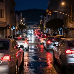 cars waiting for traffic light in san francisco at night, long exposure, taillights, puddles, reflections, hills, trending on artstation, unreal engine