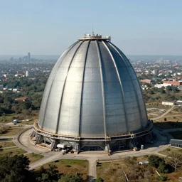 a sci - fi nuclear containment building in a stunning landscape with a city in the distance by marc davis
