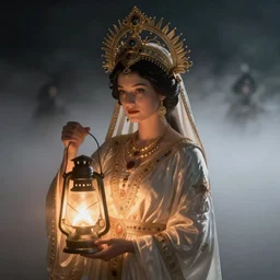queen of the fog with her lantern by Annie Swynnerton and Nicholas Roerich and jean delville, strong dramatic cinematic lighting , ornate headdress ,  lost civilizations, smooth, sharp focus, extremely detailed