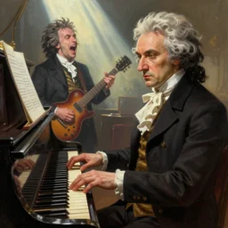 A picture of Mozart playing the piano with beethoven singing a heavy metal song, digital painting, 4k, rays of light, particles light, artstation by Noah Bradley
