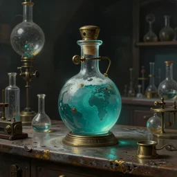 a painting of a steampunk turqoise colored potion bottle on a counter in a dark dusty vintage science lab, by h. r. giger, hyperrealistic fantasy art, concept matte, ethereal, dreamy, digital art, trending on artstation, volumetric cinematic lighting