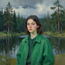 portrait, a girl with dark hair and a green jacket, surreal photography, a lake surrounded by pine trees, dramatic sky, impressionist painting, digital painting, artstation, simon stalenhag