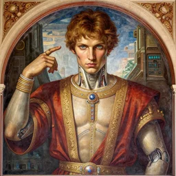 beautifully painted mural of a stunning young cyborg prince in ornate royal fabric, piercing glowing eyes, sci fi scenery, vogue cover poses, mural in the style of sandro botticelli, caravaggio, albrecth durer