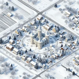 small winter town of a top down game, one central castle, farmlands on the outside, no ui